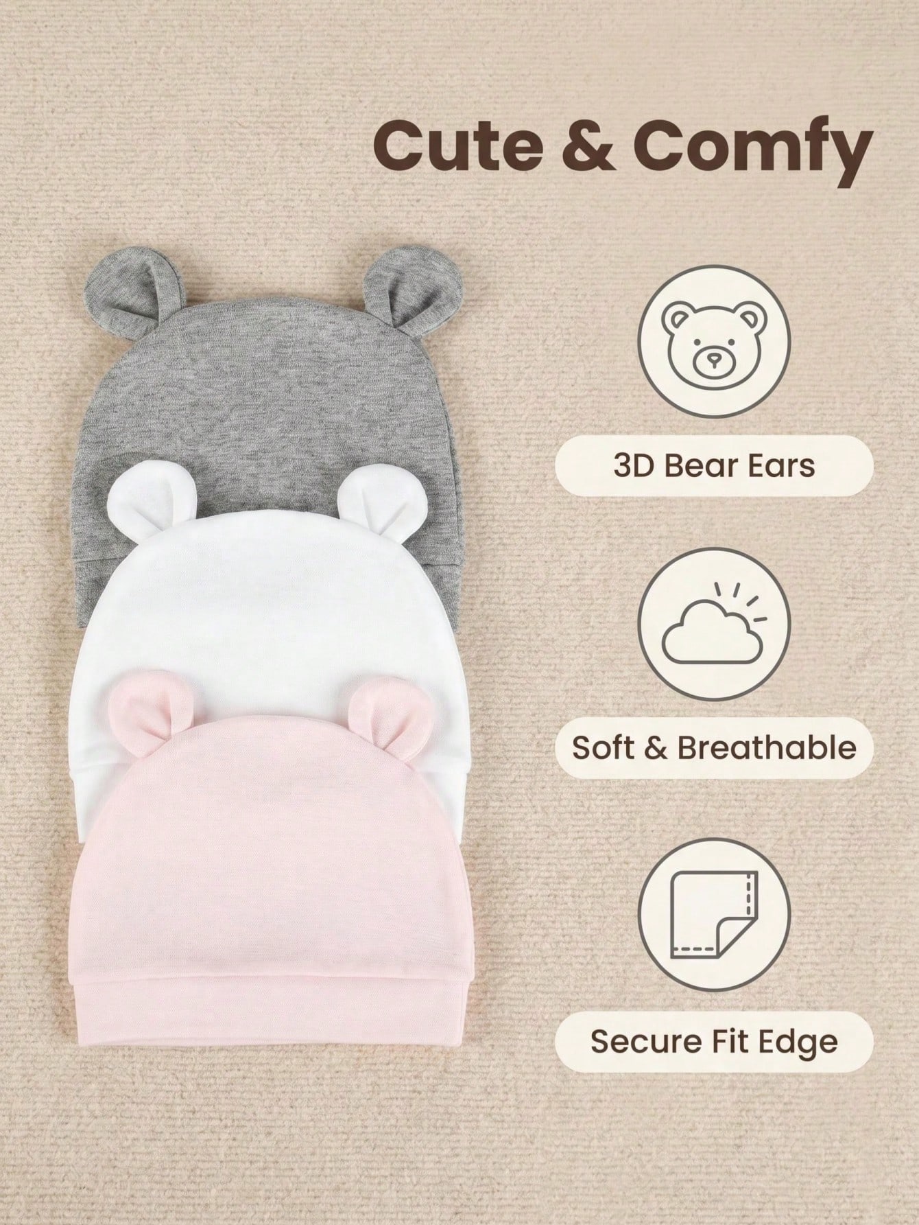 3-Pack Newborn Solid Color Sin - Infant Beanie Hat With Ears ulasan dan harga