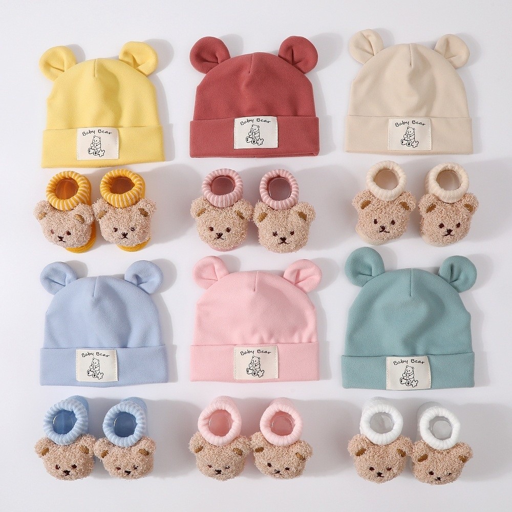 2Pcs/Set Cotton Baby Hat Socks - Infant Beanie Hat With Ears ulasan dan harga
